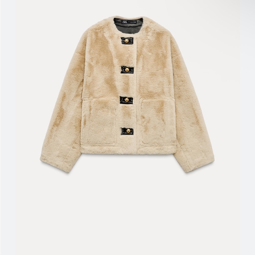 Zara Tan Teddy Jacket with Black Accents